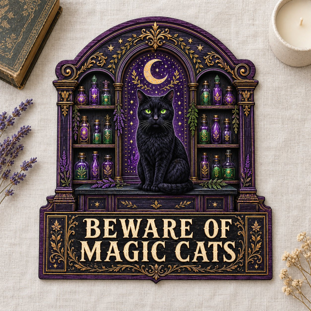 Arched wooden sign with a black cat, crescent moon, night sky, and potion shelves reading Beware of Magic Cats.
