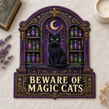 Arched wooden sign with a black cat, crescent moon, night sky, and potion shelves reading Beware of Magic Cats.