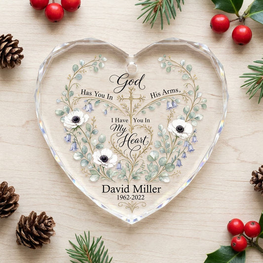 Personalized Botanical Cross Memorial God Has You In His Arms Heart Glass Ornament