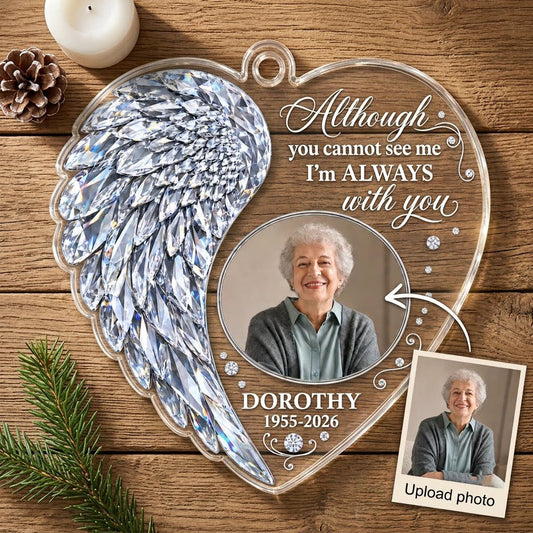 Heart-shaped clear acrylic ornament with crystal-style angel wing, round photo frame, and memorial quote