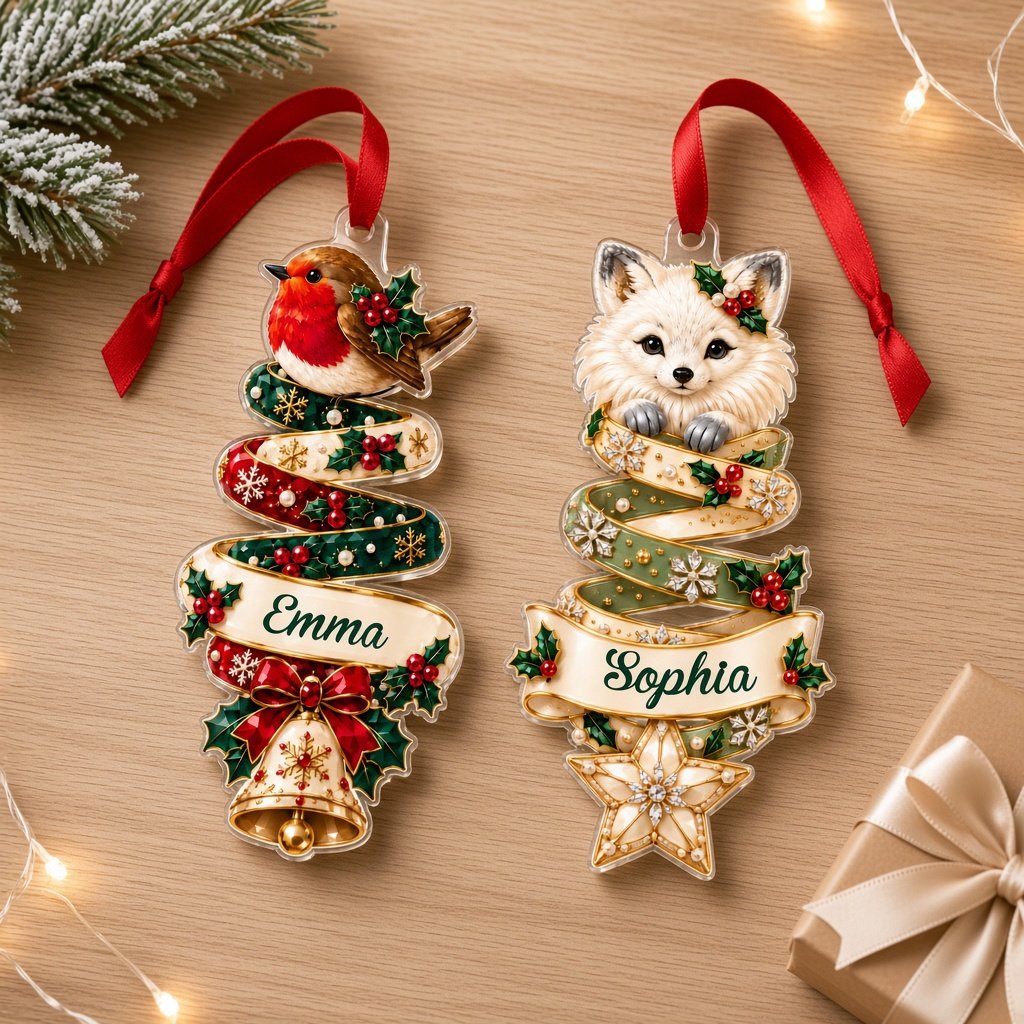 Custom-cut acrylic ornament with robin or fox ribbon tree and a cream name banner.