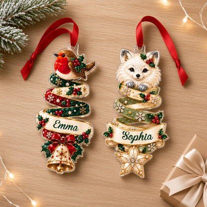 Custom-cut acrylic ornament with robin or fox ribbon tree and a cream name banner.