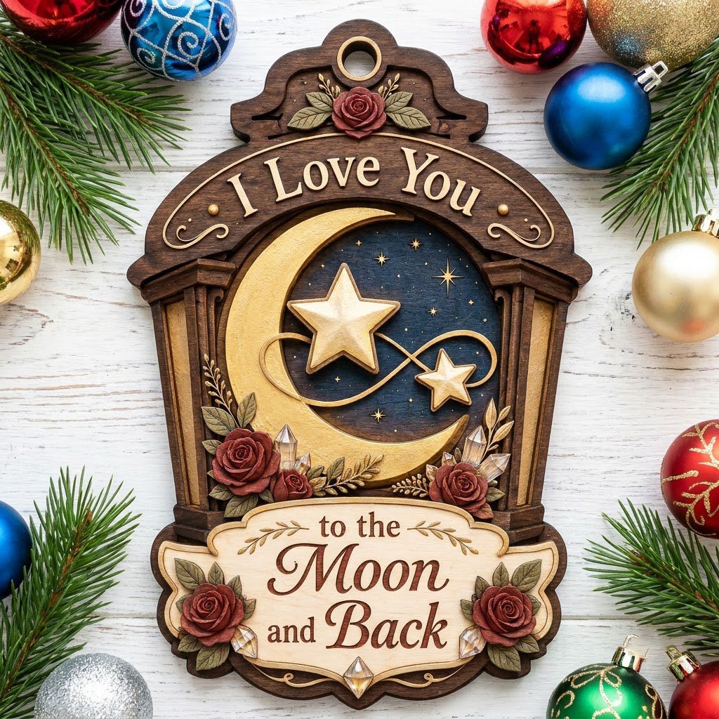 Wood ornament with red roses, crescent moon and stars on a night sky, and the phrase I Love You to the Moon and Back.