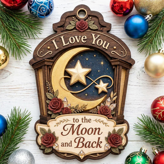 Wood ornament with red roses, crescent moon and stars on a night sky, and the phrase I Love You to the Moon and Back.