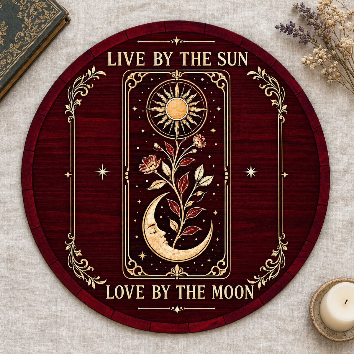 Round wooden sign with tarot-style sun and sleeping moon, floral vine, stars, and the words Live by the Sun, Love by the