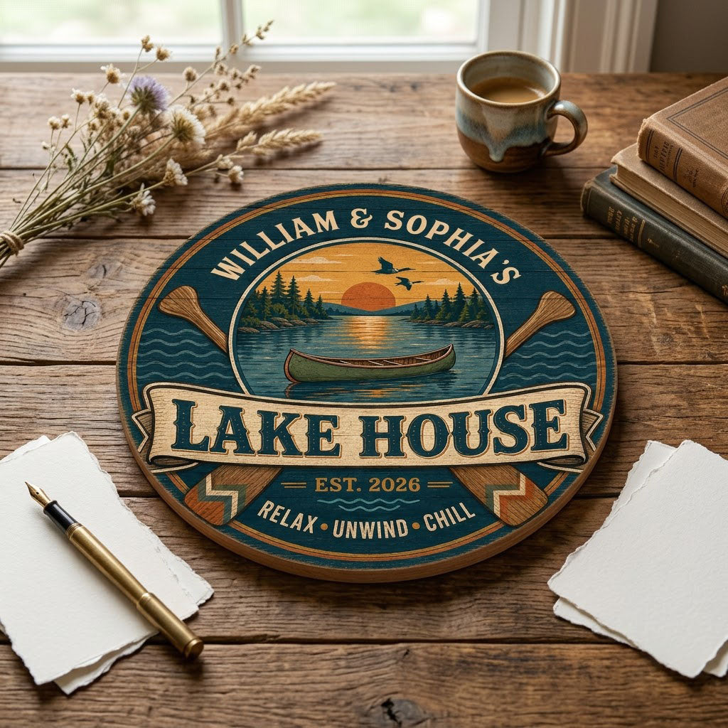 Personalized Lake House Canoe Sunset Round Wooden Hanging Sign