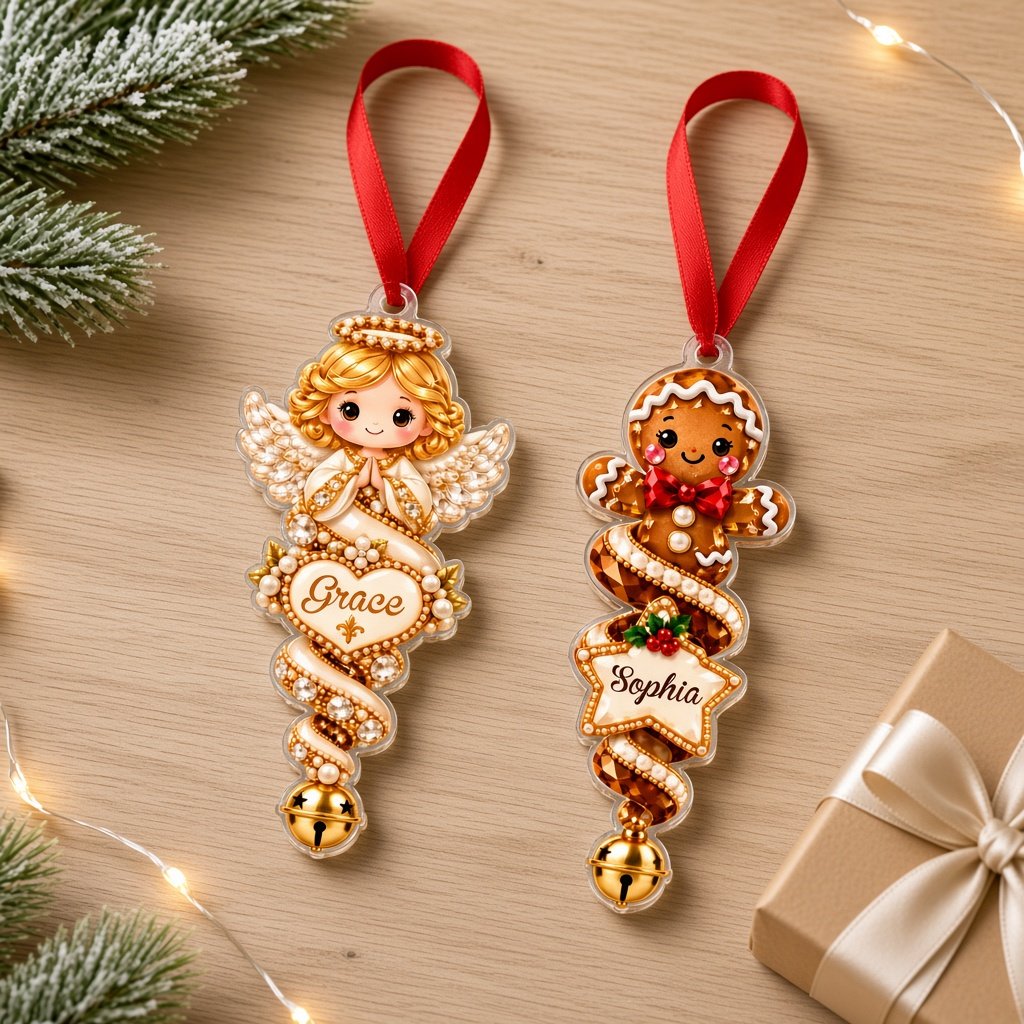 Acrylic angel and gingerbread ornaments with jeweled ribbons, heart or star name banners, and gold bells.