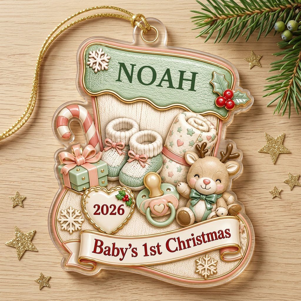 Stocking-shaped acrylic ornament with baby booties, reindeer toy and Baby's 1st Christmas on a cream banner.