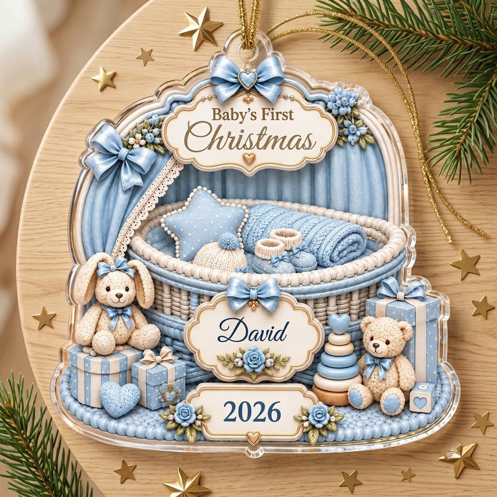 Clear acrylic ornament with blue nursery bassinet, bunny, teddy, and Baby's First Christmas with name and year.