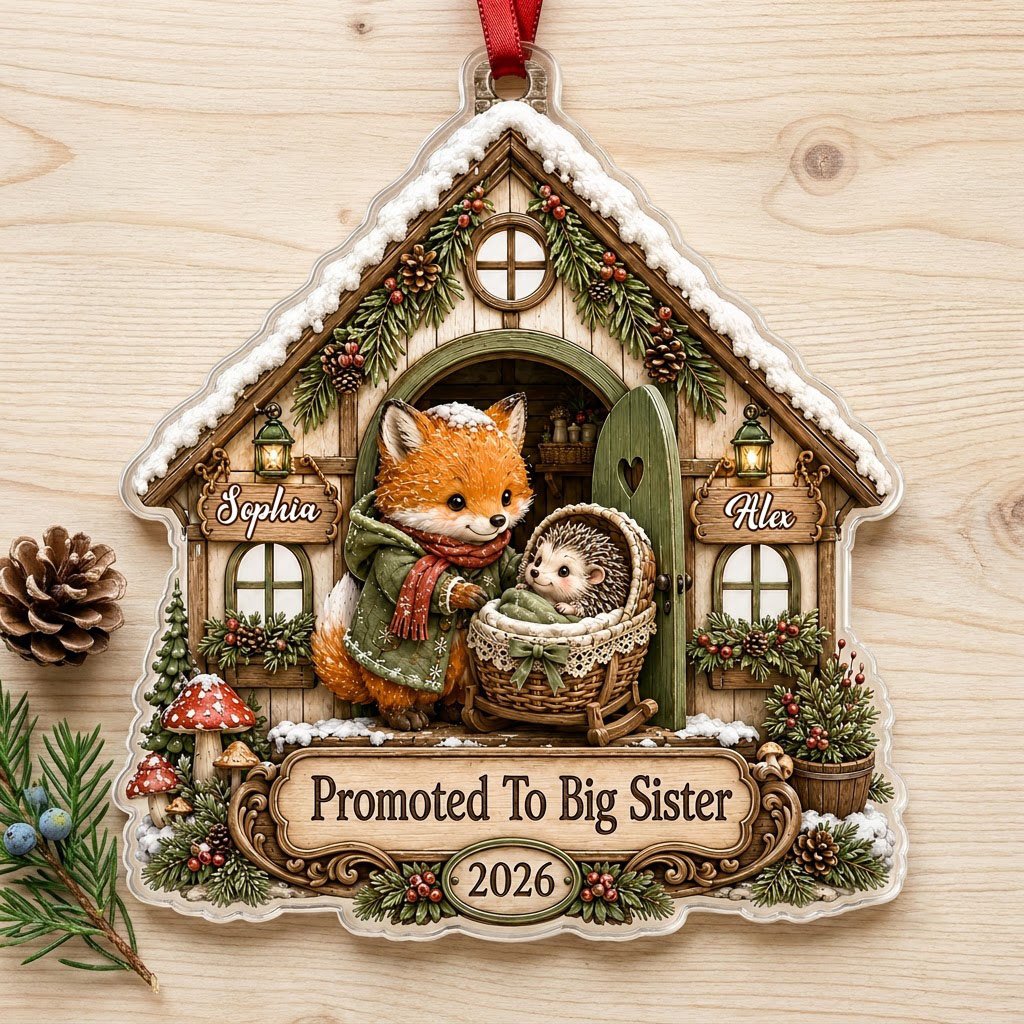 House-shaped acrylic ornament with 'Promoted To Big Sister' and a fox beside a baby hedgehog in a bassinet.