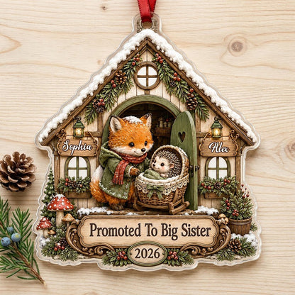 House-shaped acrylic ornament with 'Promoted To Big Sister' and a fox beside a baby hedgehog in a bassinet.