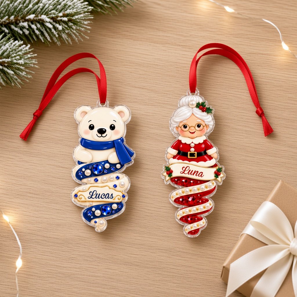 Custom-cut acrylic ornament with polar bear or Mrs. Claus atop a jeweled spiral ribbon and a name scroll banner.