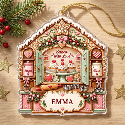 Custom-cut acrylic ornament shaped like a gingerbread house with baking tools, cupcakes, and a name banner.