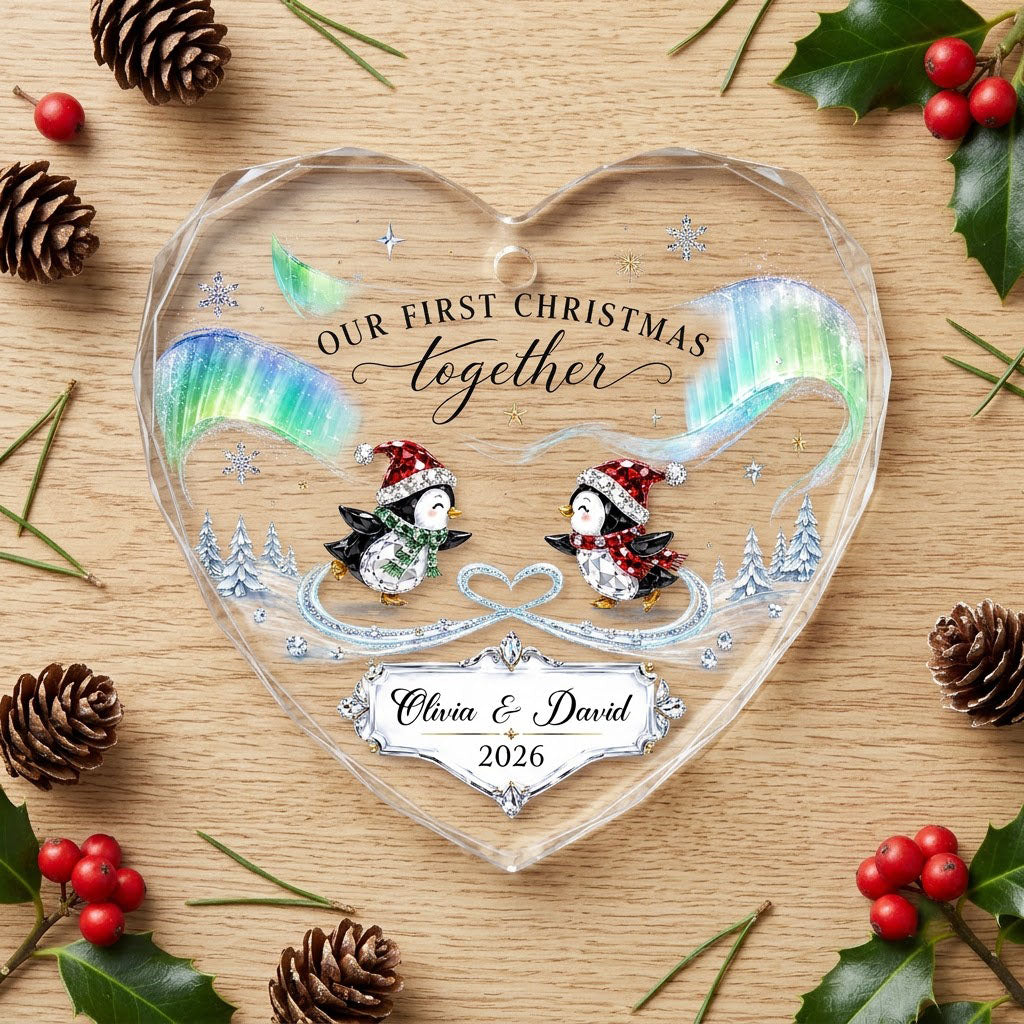 Heart glass ornament with two ice-skating penguins under green and blue aurora with names and date.