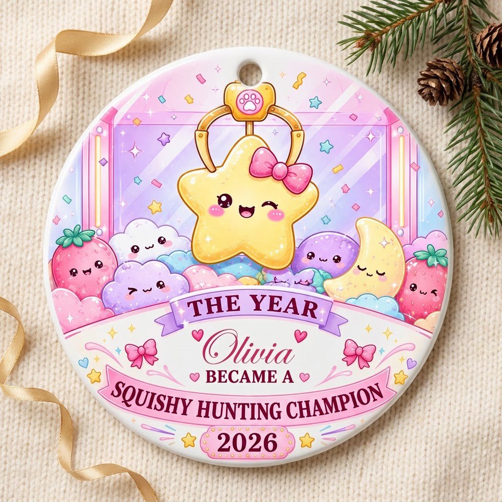 Round ceramic ornament with a claw machine and winking star, personalized with a name and year in pastel colors.