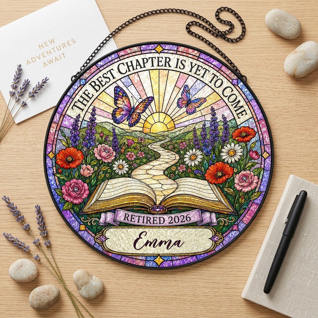 Personalized Retirement Open Book Pathway The Best Chapter Is Yet To Come Stained Glass Round Suncatcher