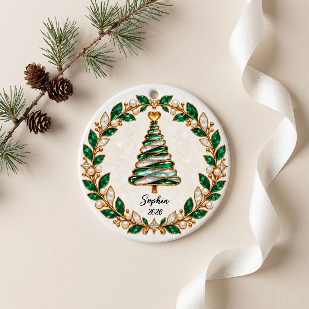 Round ceramic ornament with an emerald jeweled spiral Christmas tree and gold filigree wreath on cream.