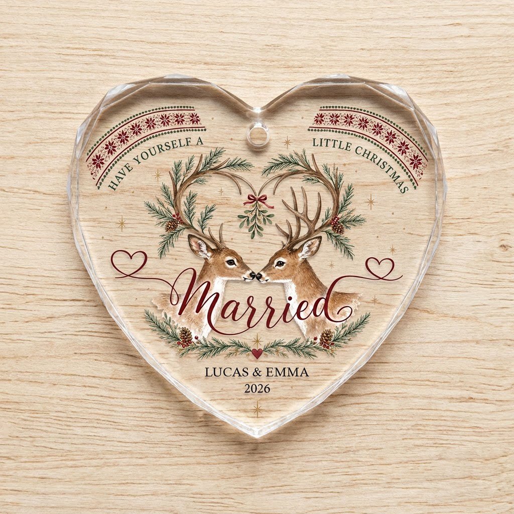 Personalized Married Deer Mistletoe Heart Glass Ornament