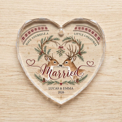 Personalized Married Deer Mistletoe Heart Glass Ornament