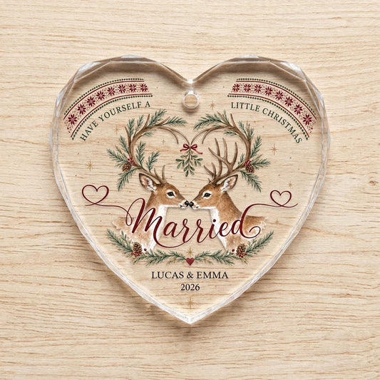Personalized Married Deer Mistletoe Heart Glass Ornament
