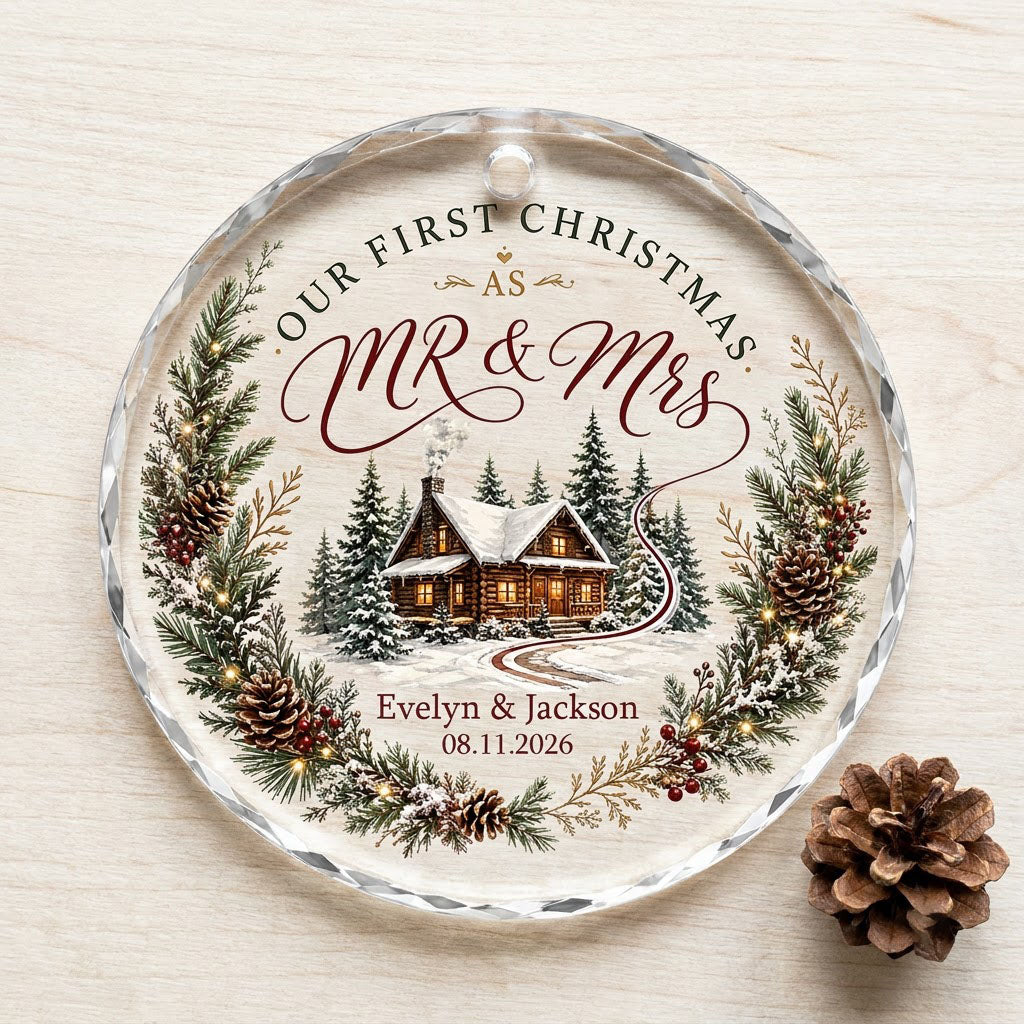 Personalized Our First Christmas as Mr & Mrs Winter Cabin Wreath Round Glass Ornament
