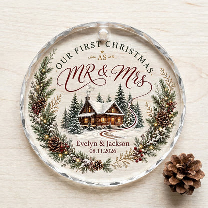 Personalized Our First Christmas as Mr & Mrs Winter Cabin Wreath Round Glass Ornament