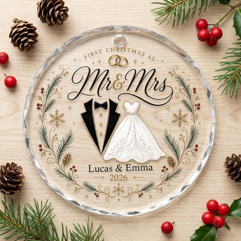 Personalized First Christmas as Mr & Mrs Tuxedo Gown Round Glass Ornament