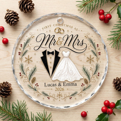Personalized First Christmas as Mr & Mrs Tuxedo Gown Round Glass Ornament