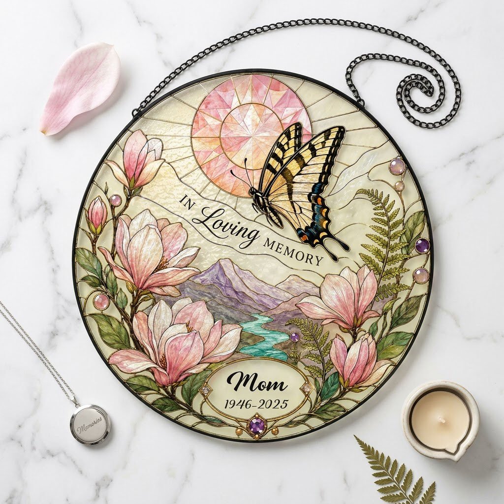 Personalized Butterfly Magnolia Sunset Landscape In Loving Memory Stained Glass Round Suncatcher