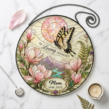 Personalized Butterfly Magnolia Sunset Landscape In Loving Memory Stained Glass Round Suncatcher