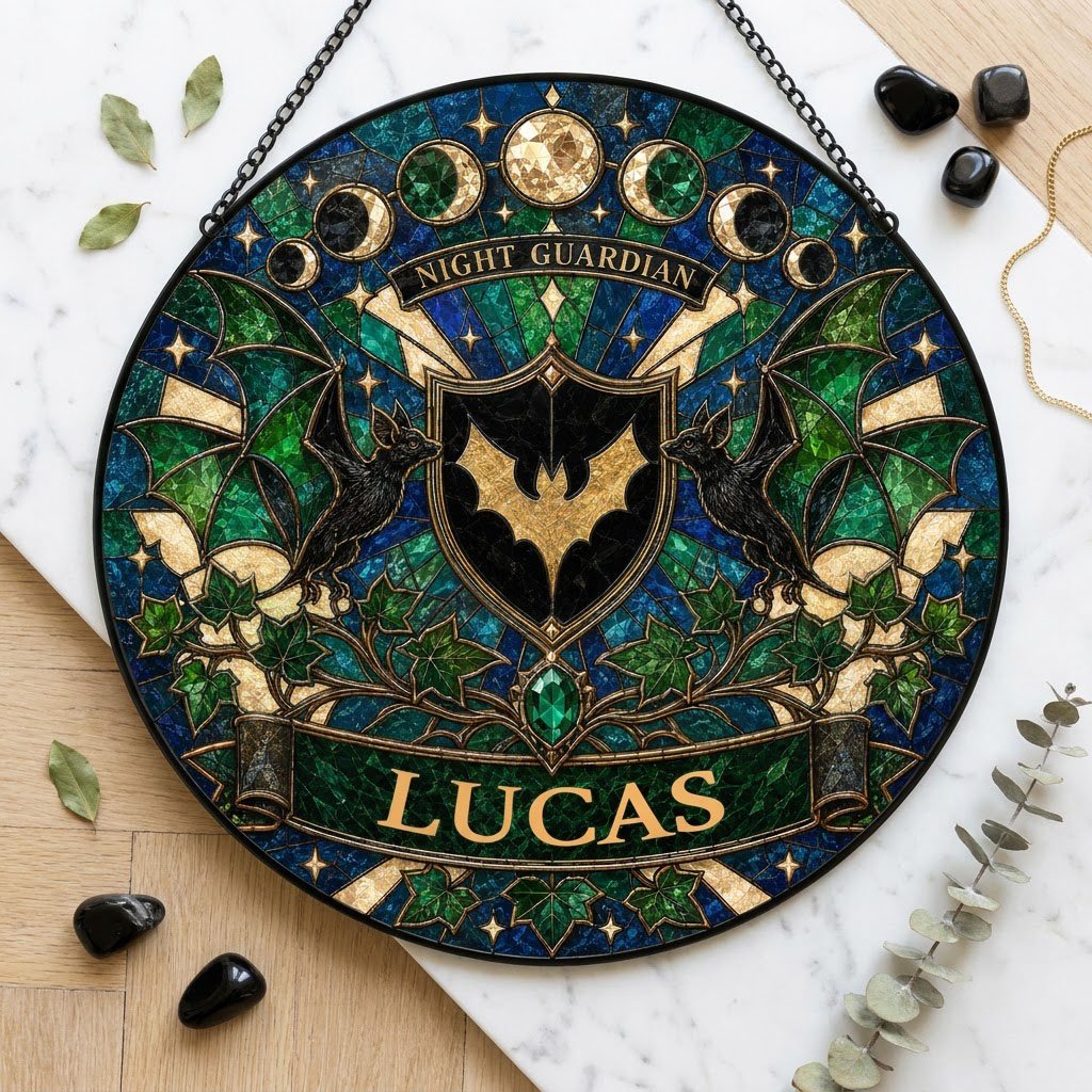 Round stained-glass suncatcher with gold bat shield, two black bats, moon phases, emerald gem, ivy and starbursts.