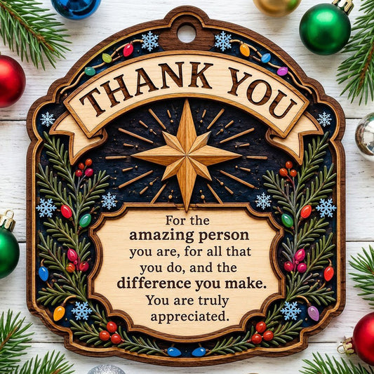 Ornate arch wood ornament with “THANK YOU” message, eight-point star, evergreens, berries, colorful lights, and snowflak