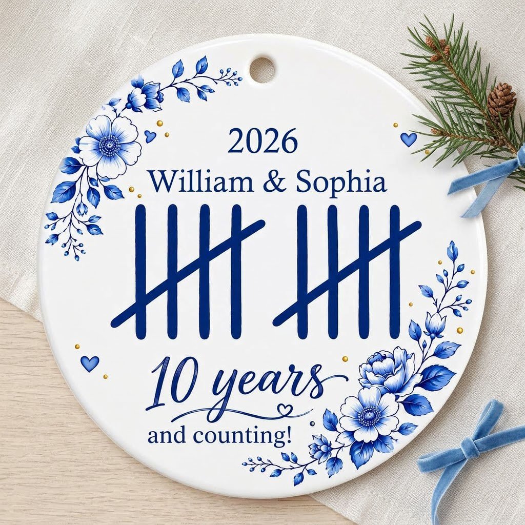 White round ceramic ornament with blue florals, tally marks, and 'years and counting!' plus names and year