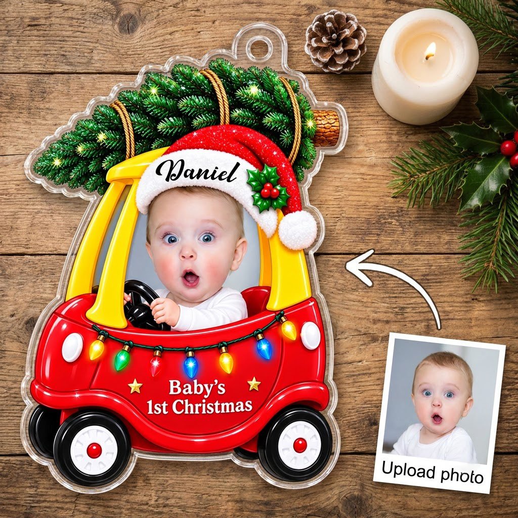 Acrylic ornament shaped like a toy car with tree, Baby's 1st Christmas text, lights, and a baby photo.