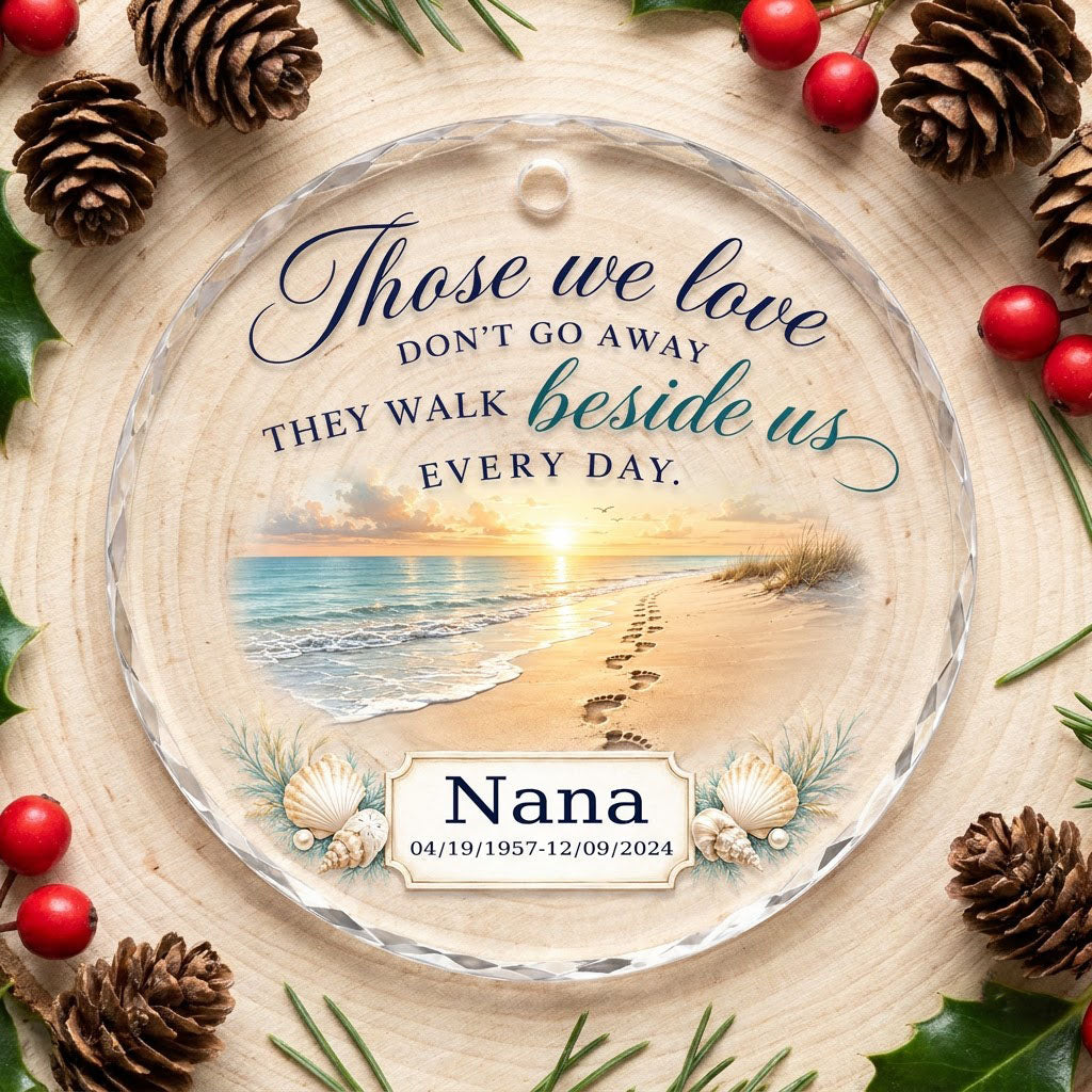 Personalized Beach Footprints Memorial Those We Love Beside Us Round Glass Ornament