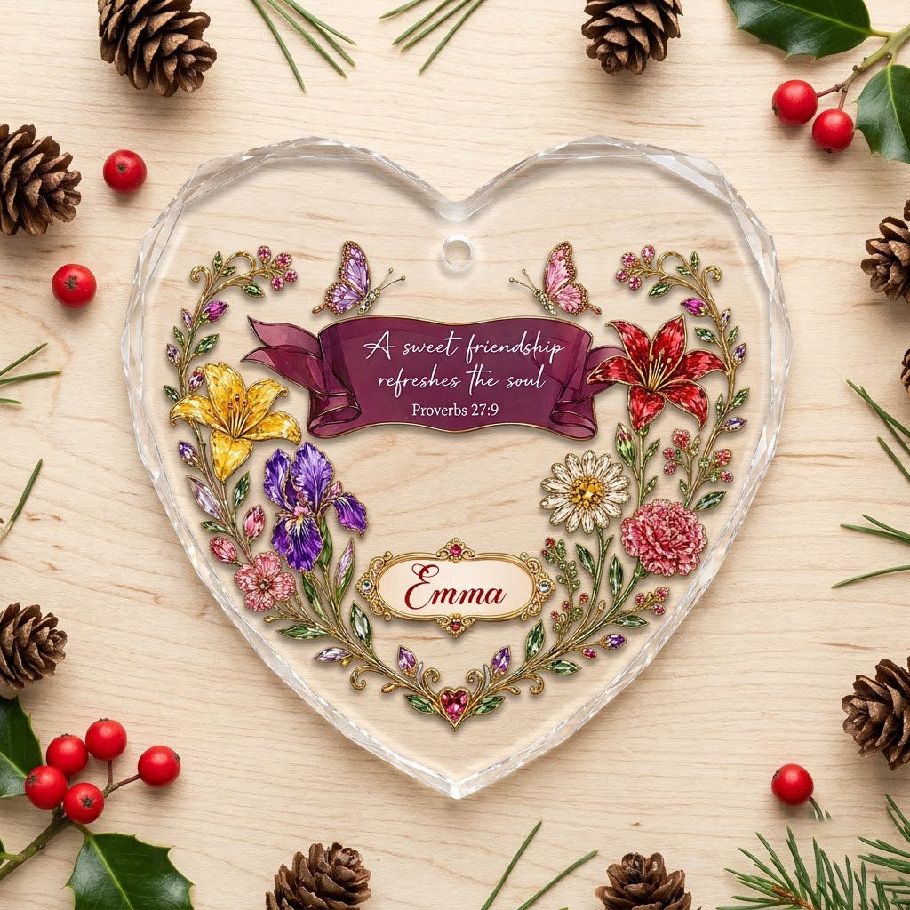 Heart stained glass suncatcher with floral wreath, burgundy banner, two jeweled butterflies, and the verse Proverbs 27:9