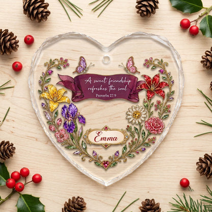 Heart stained glass suncatcher with floral wreath, burgundy banner, two jeweled butterflies, and the verse Proverbs 27:9