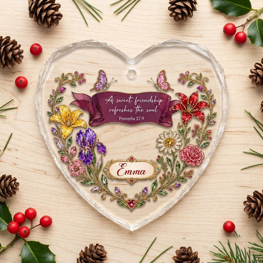 Heart stained glass suncatcher with floral wreath, burgundy banner, two jeweled butterflies, and the verse Proverbs 27:9
