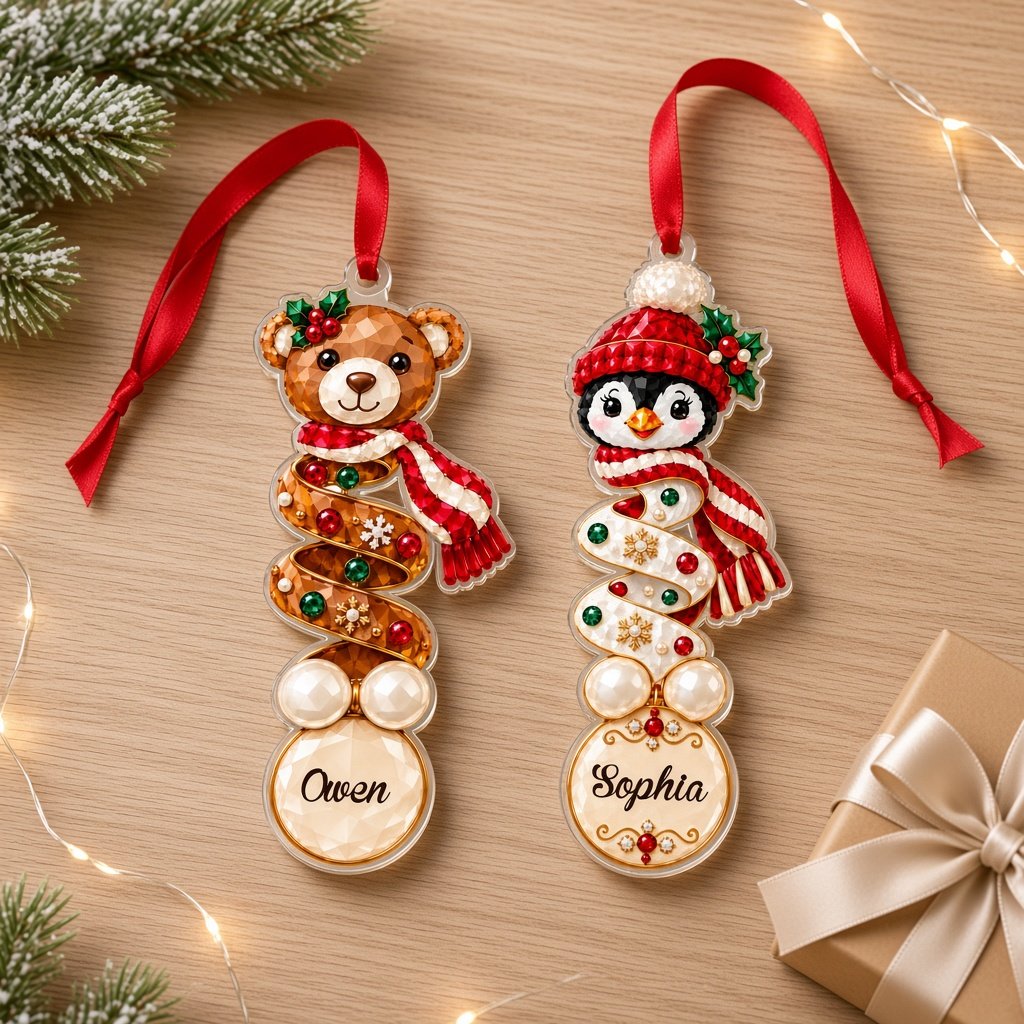 Clear acrylic ornament with a teddy bear or penguin in gem-detailed spiral style, personalized with names.