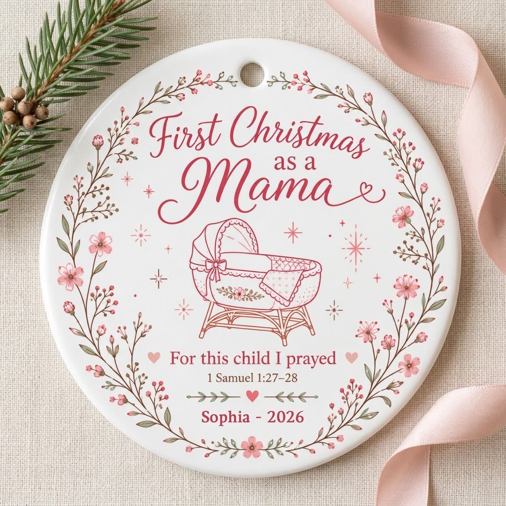 Round ceramic ornament with pink floral wreath, baby bassinet line art, stars, and First Christmas as a Mama.