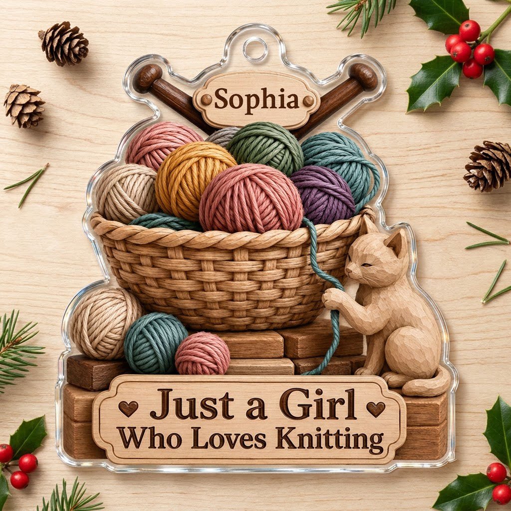 Acrylic ornament shaped around a yarn basket, cat and needles with 'Just a Girl Who Loves Knitting' and a name banner.
