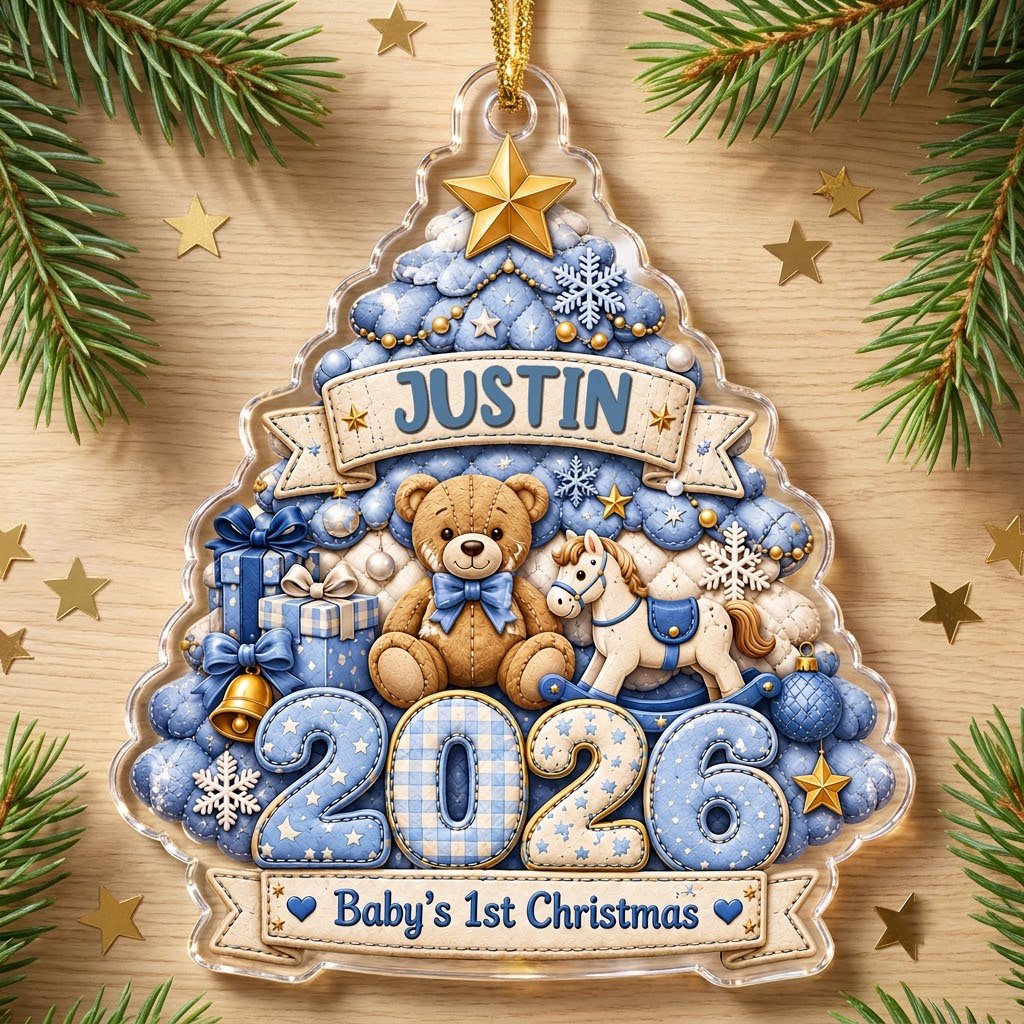 Acrylic tree ornament with teddy bear, rocking horse, Baby's 1st Christmas and quilted year in blue and gold.