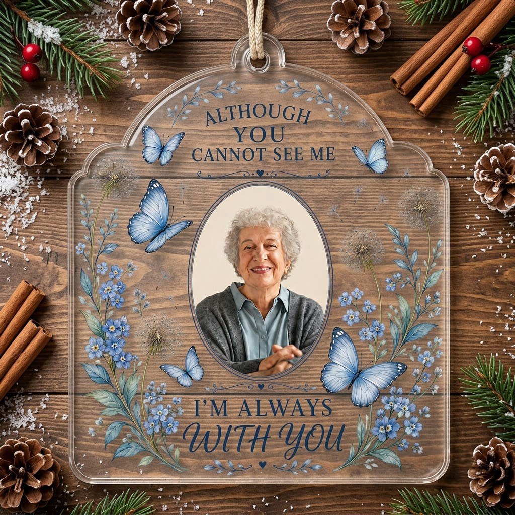 Personalized Blue Butterfly Floral Photo Memorial Acrylic Ornament