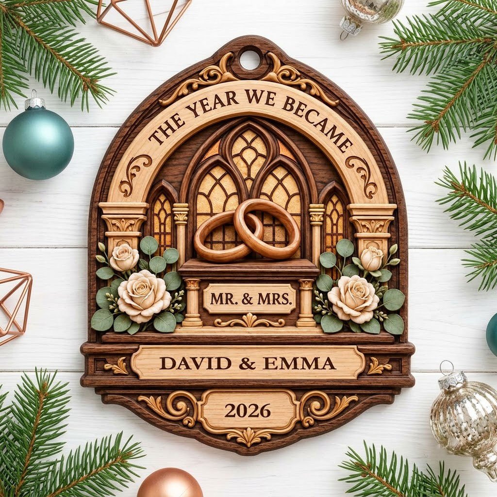 Arch-shaped wood ornament with window frame, wedding rings, roses, personalized with names and year.