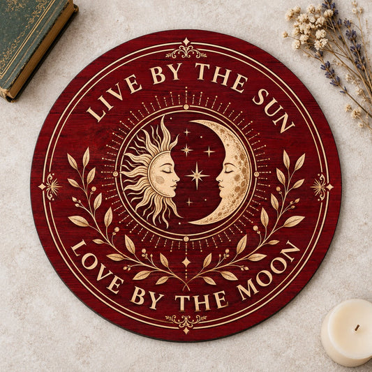 Round wooden sign with sun and crescent moon faces, stars, vines, and the quote Live by the Sun, Love by the Moon.