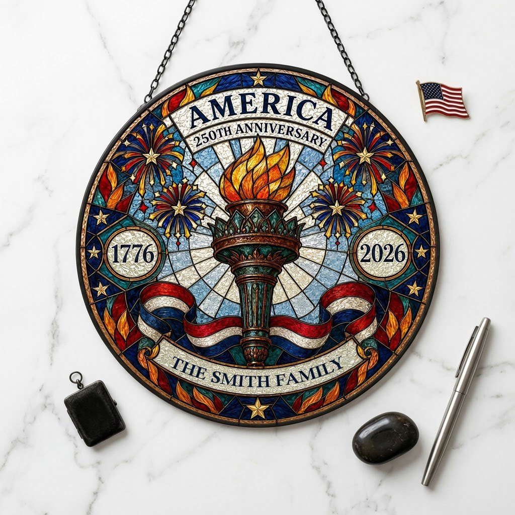 Round stained glass suncatcher with a central torch, fireworks, stars, and a red, white and blue ribbon.