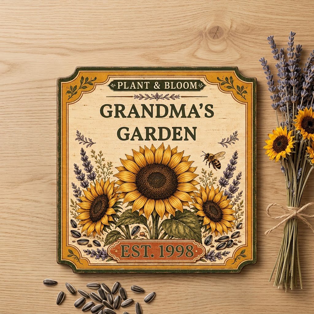 Square bracketed wooden sign with three sunflowers, lavender, a honeybee, and “Plant & Bloom” and “Grandma’s Garden” tex