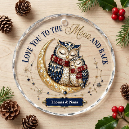 Two jeweled owls on a gold crescent moon with Love You to the Moon and Back text and names on a blue plaque.