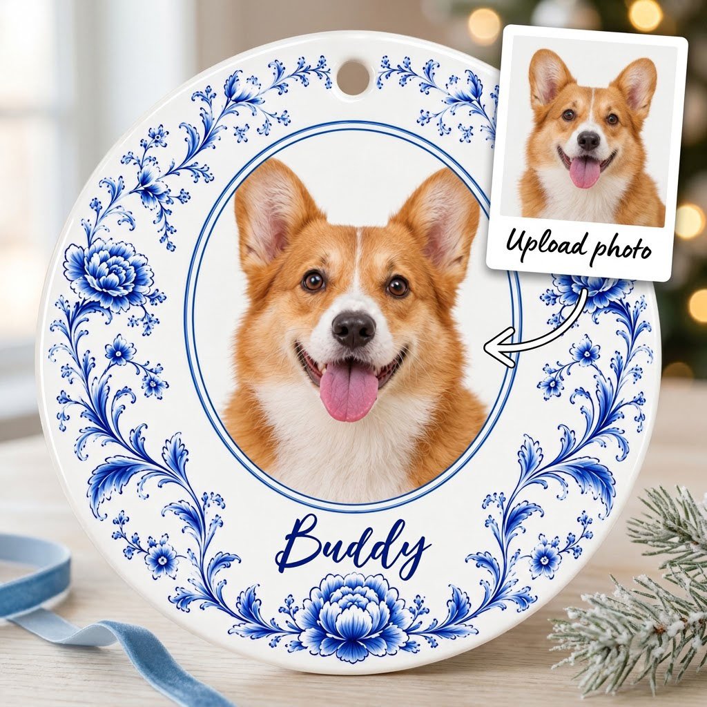 Round ceramic ornament with blue Delft floral border framing a circular photo of a dog and a personalized name.
