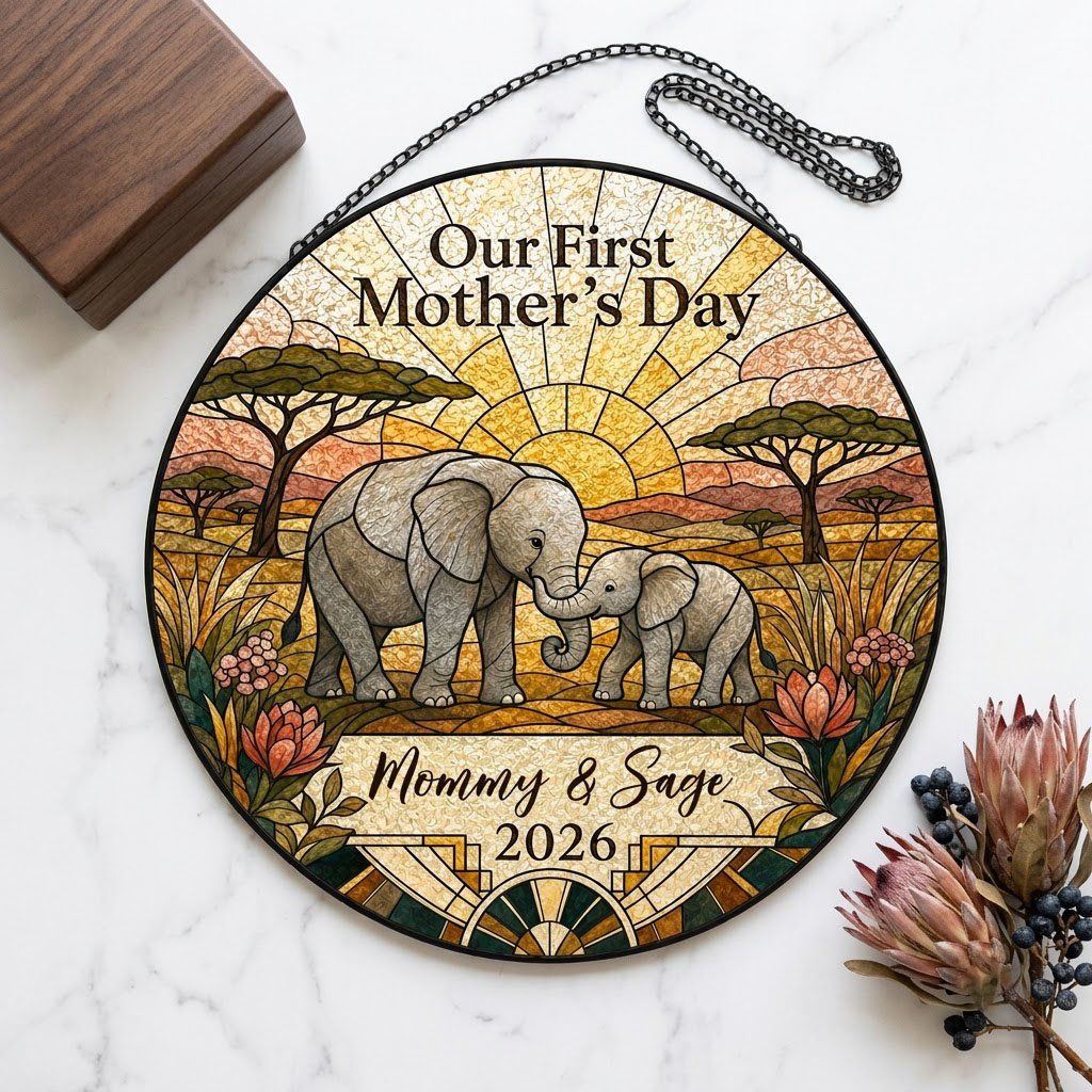 Stained glass-style mother and baby elephants at sunrise with 'Our First Mother's Day' text.